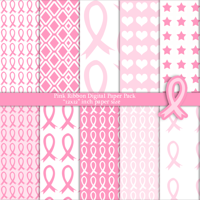 10 Pink Ribbon Breast Cancer Awareness Digital Paper Pack 12x12